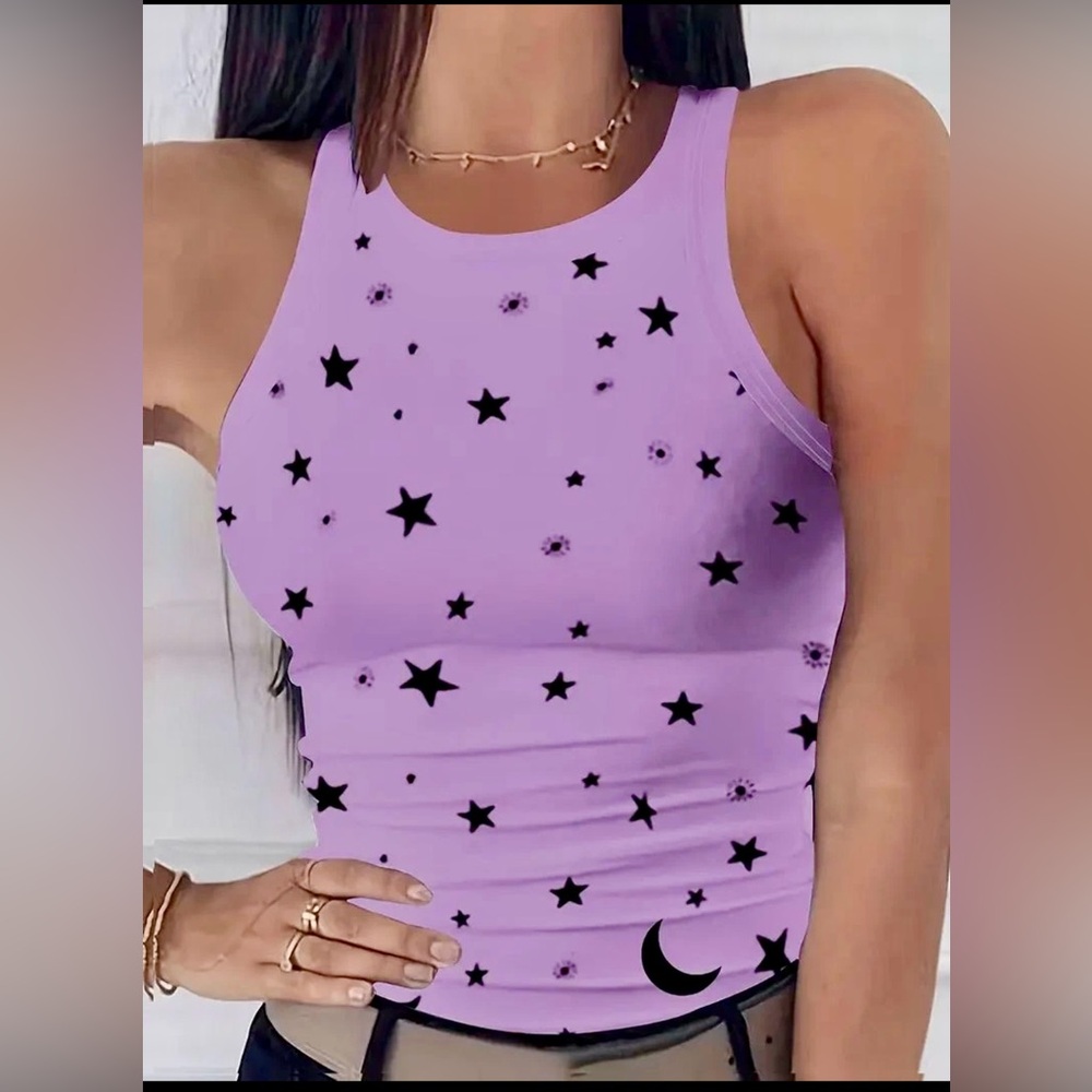NWOT Lilac Stars Crew Neck Tank Top M =  Asian Size 2XL See Measurements Cute